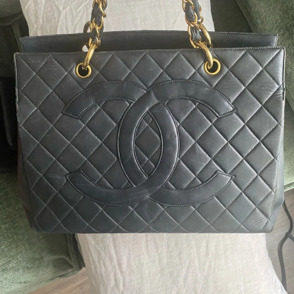 Chanel Black Lambskin Quilted Large Tote Bag with Gold Chain & Leather Handles